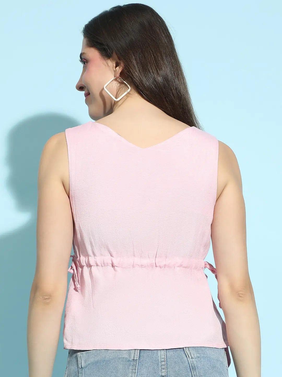 Sunset Pink Round Neck Elastic Detailing Sleeveless Top