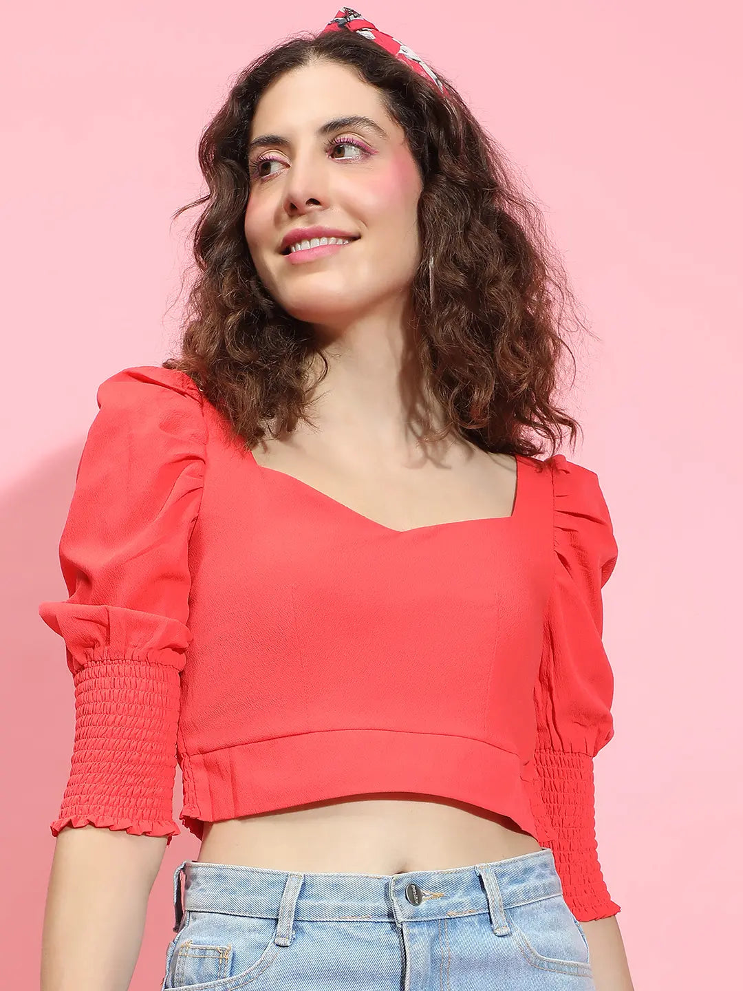 Radiant Red Puff-Sleeved Polyester Crop Top for Women