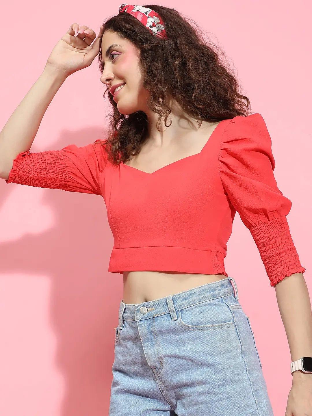 Radiant Red Puff-Sleeved Polyester Crop Top for Women