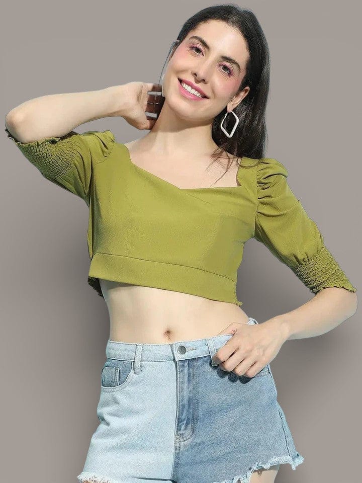 Green Puff Sleeve Top - Women's Polyester Crop Top with Sweetheart Neckline