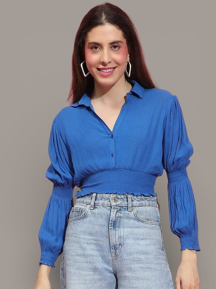 Blue Smocked Crop Top - Long Sleeve Collared Viscose Blouse for Women