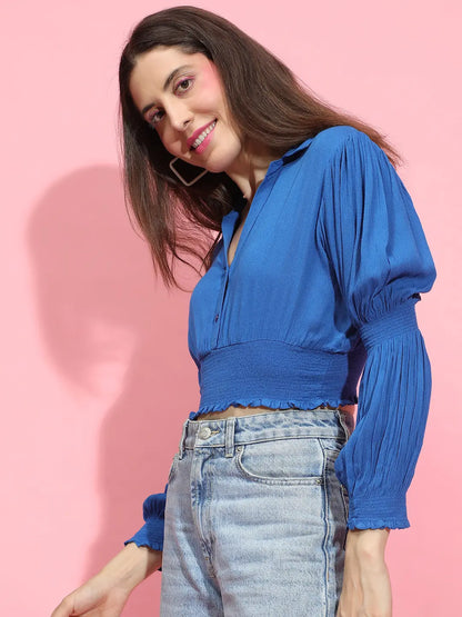 Whale Blue Collared Long Sleeve Smocked Crop Top