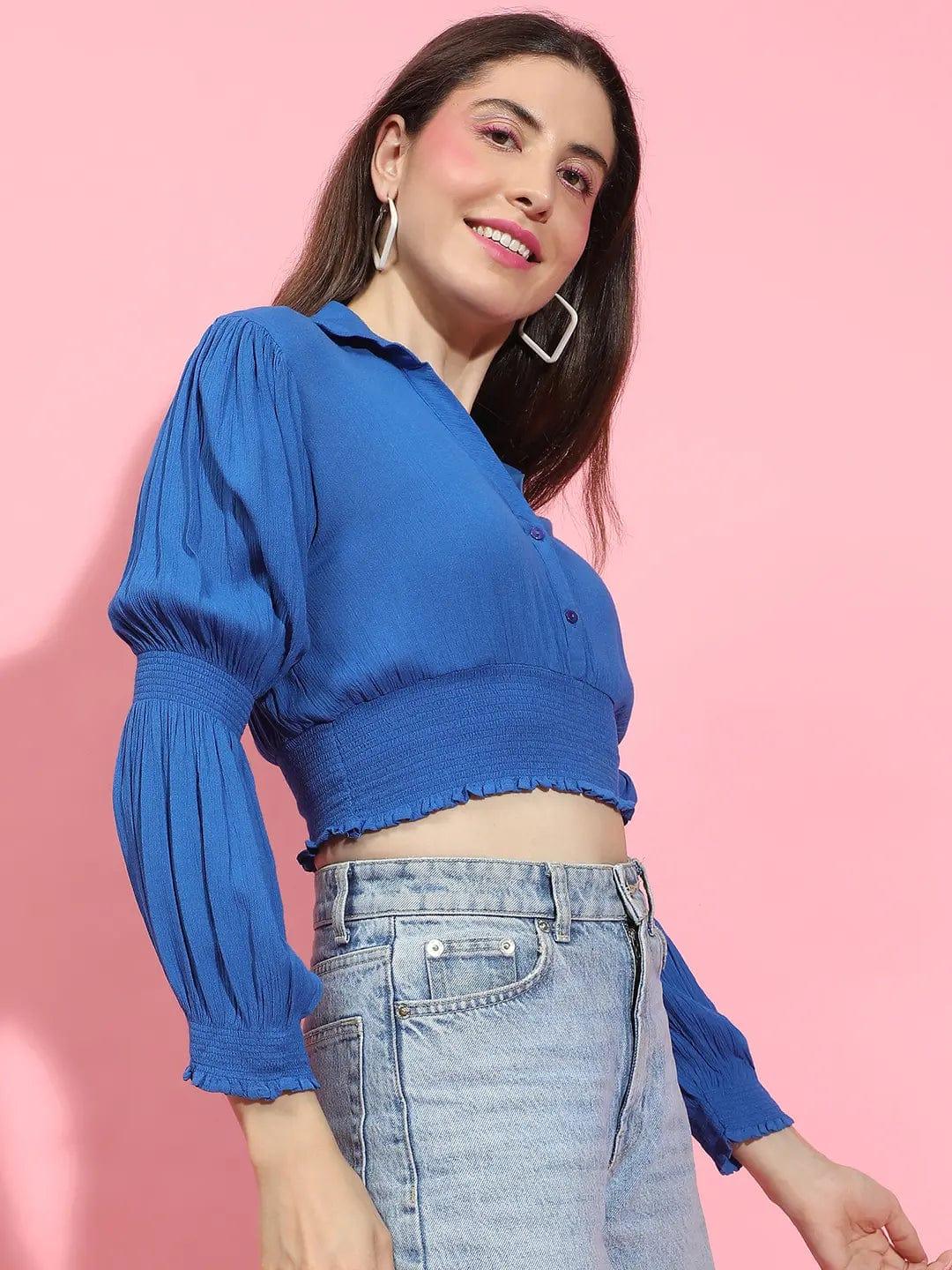 Whale Blue Collared Long Sleeve Smocked Crop Top