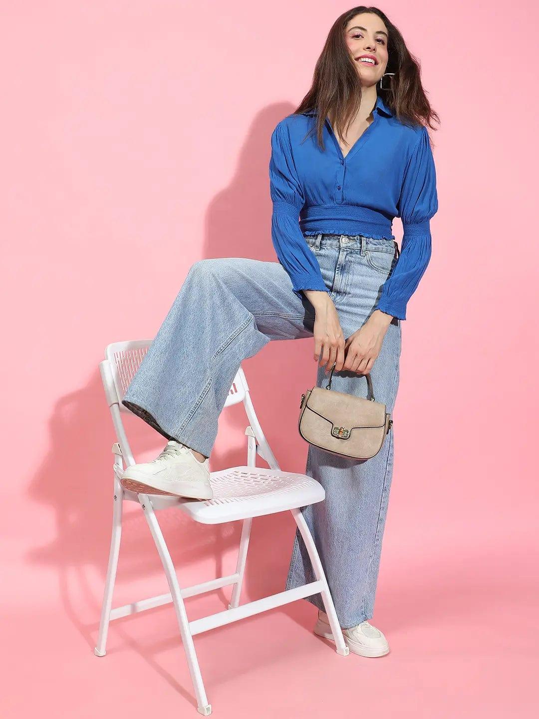 Whale Blue Collared Long Sleeve Smocked Crop Top