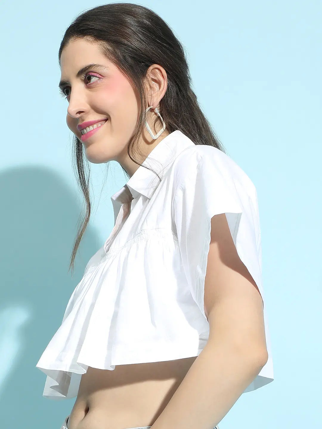 Zeal White Open Collared Flared Short Sleeve Crop Top