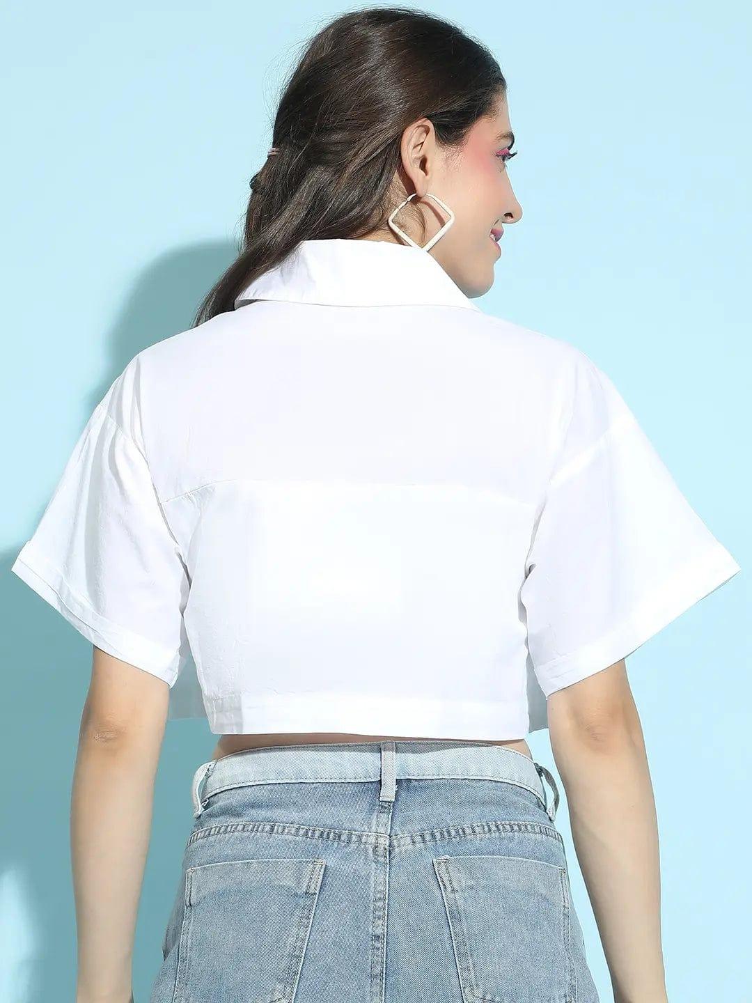 Zeal White Open Collared Flared Short Sleeve Crop Top