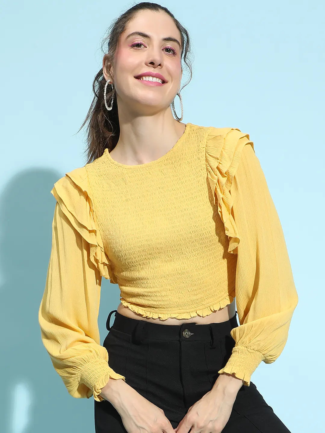 Sunlit Yellow Round Neck Ruffle Style Smocked Crop Top