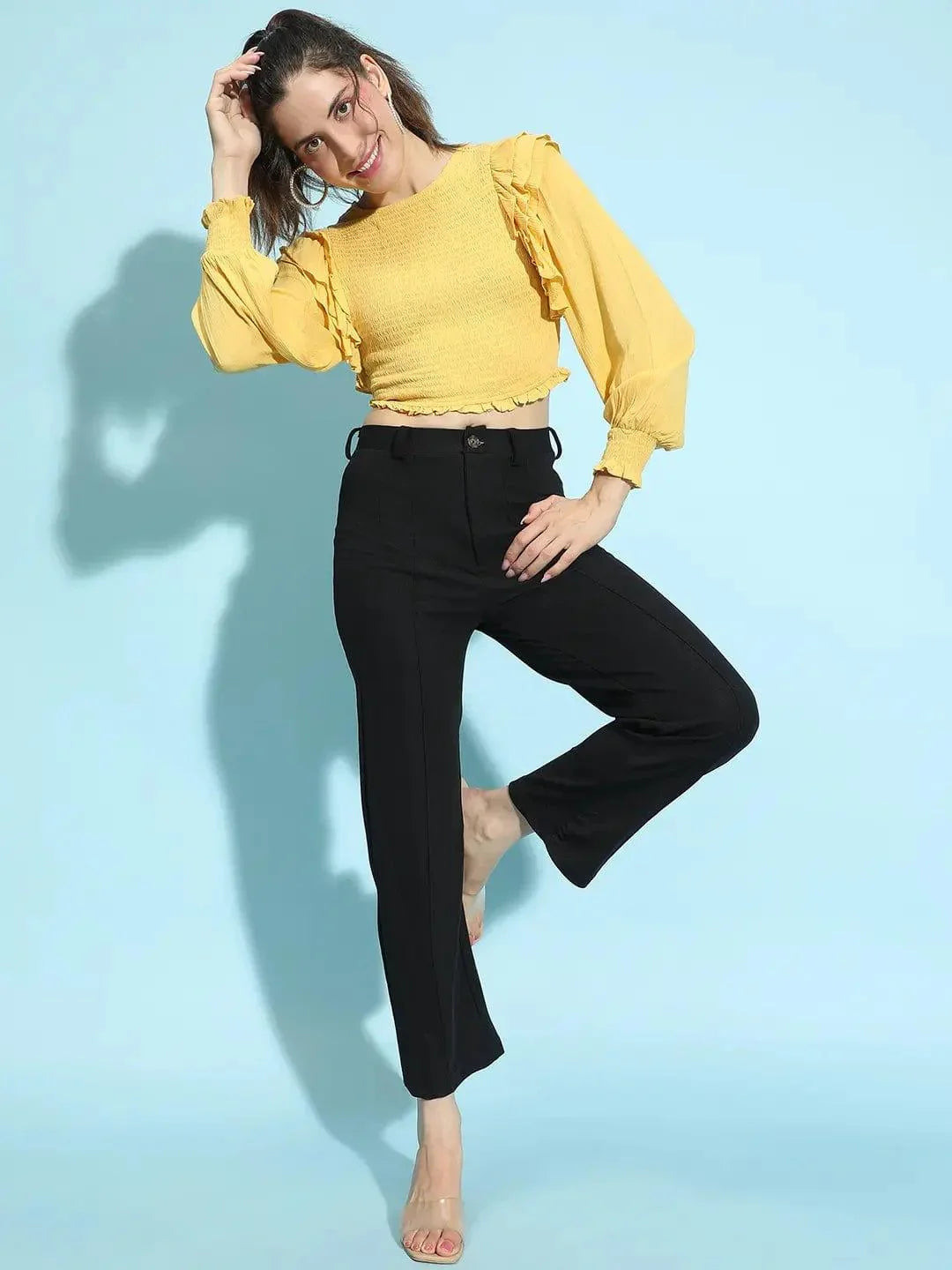 Sunlit Yellow Round Neck Ruffle Style Smocked Crop Top - oxolloxo
