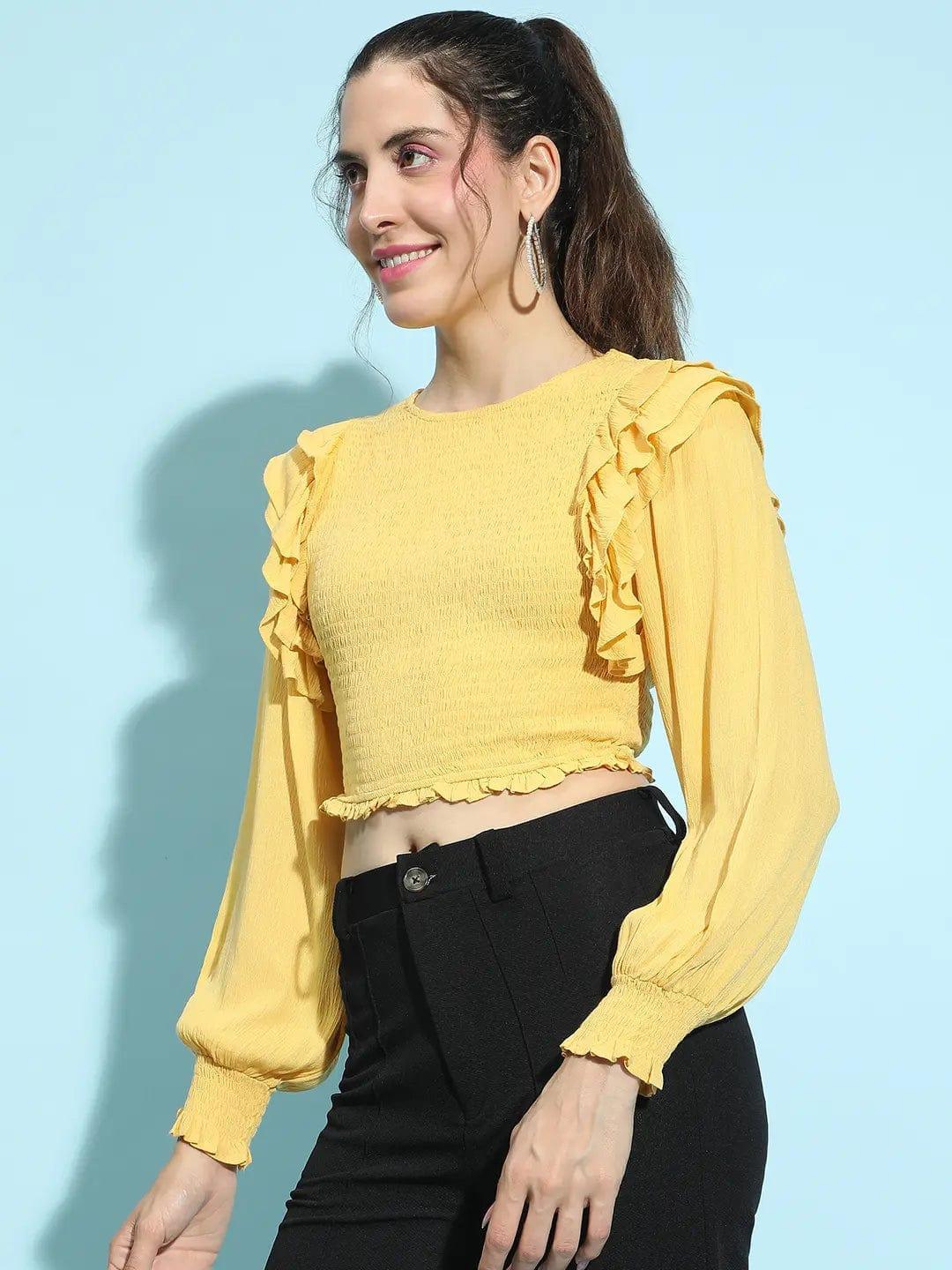 Sunlit Yellow Round Neck Ruffle Style Smocked Crop Top - oxolloxo