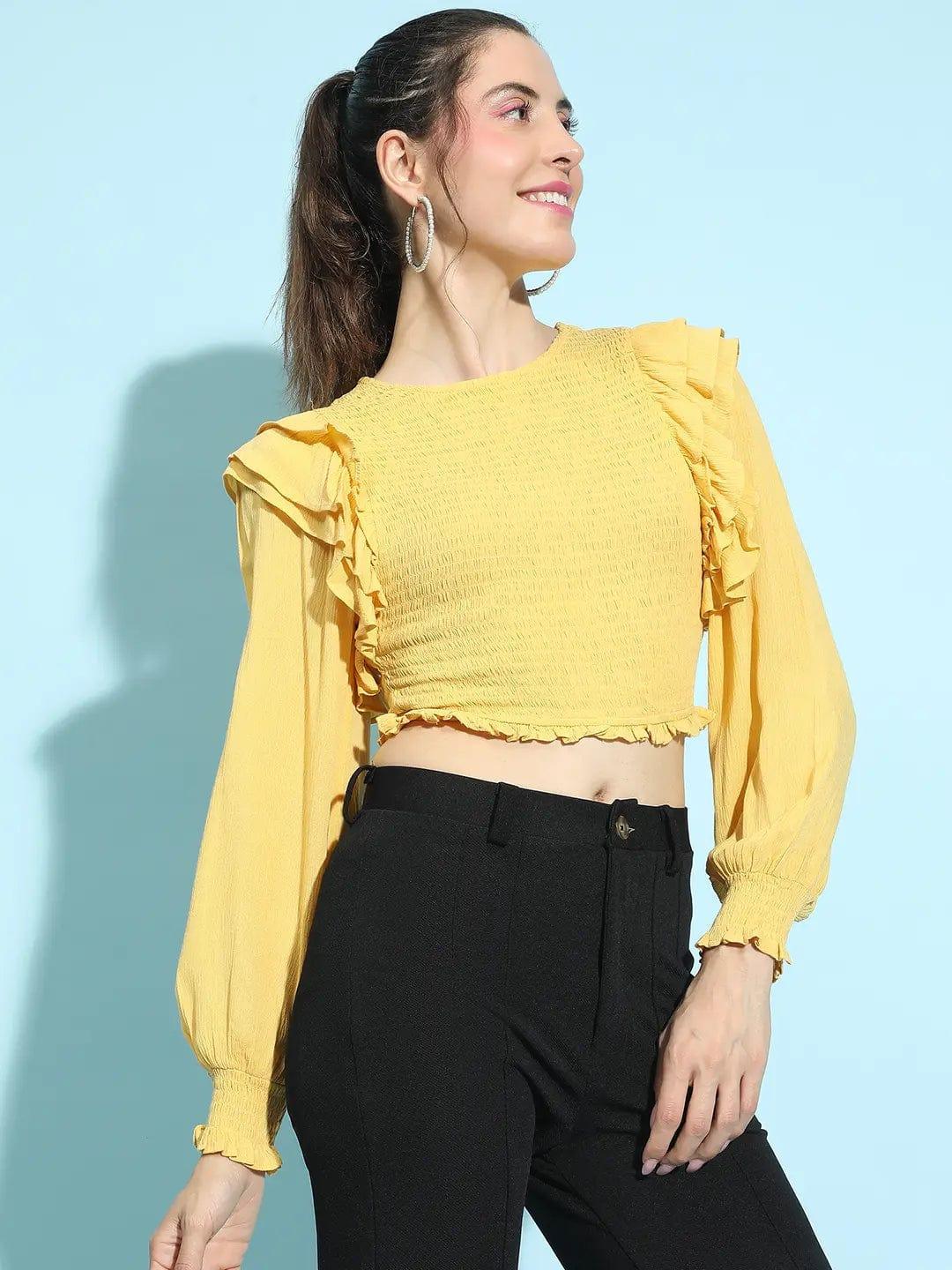 Sunlit Yellow Round Neck Ruffle Style Smocked Crop Top - oxolloxo
