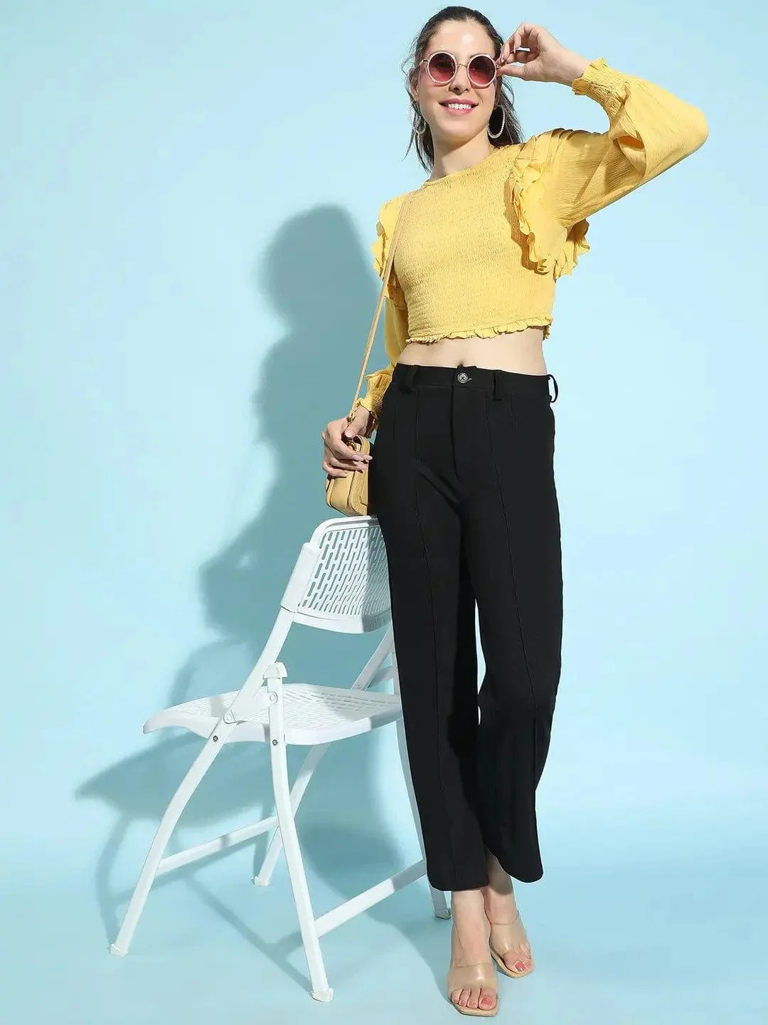 Sunlit Yellow Round Neck Ruffle Style Smocked Crop Top - oxolloxo