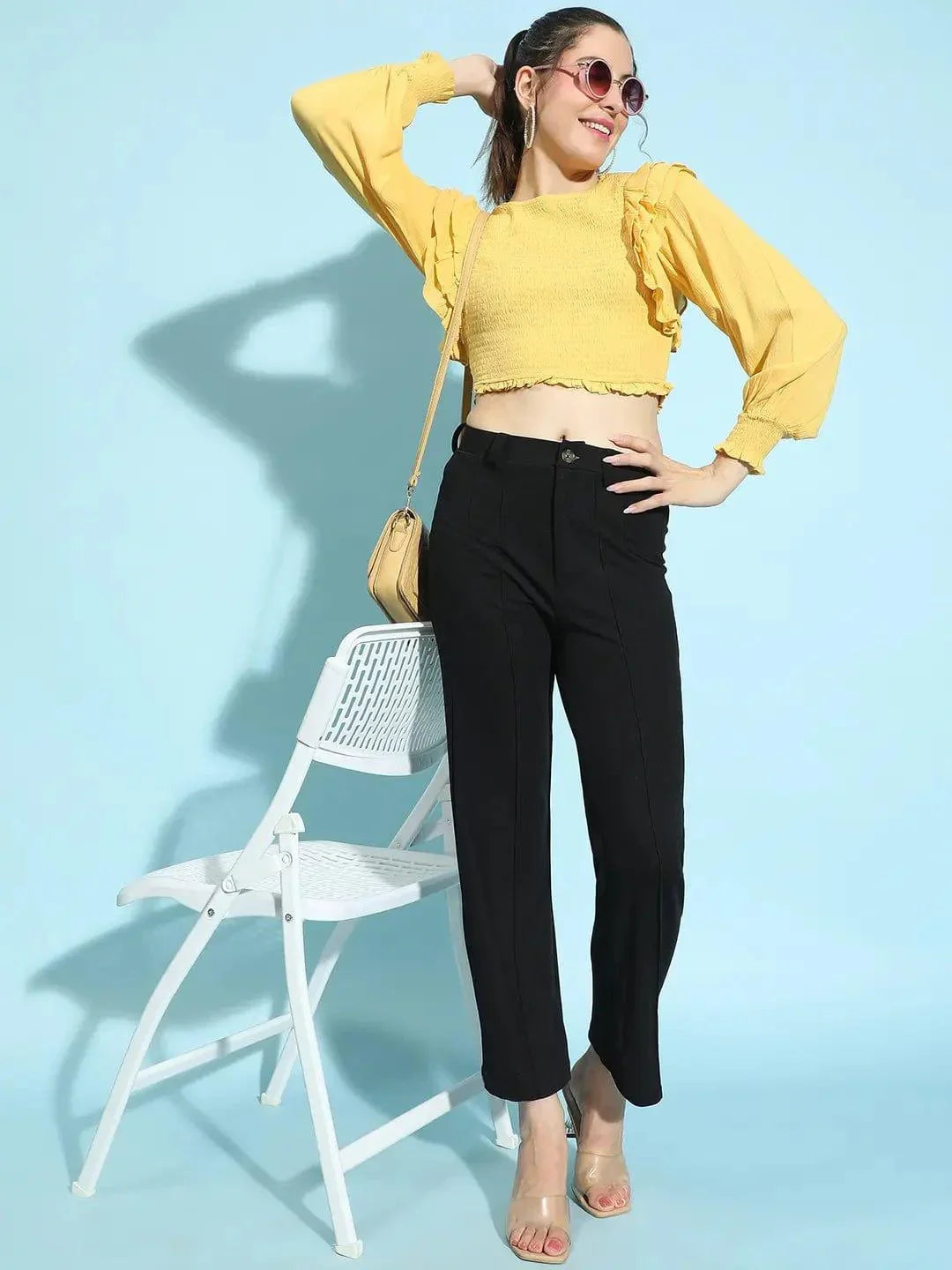 Sunlit Yellow Round Neck Ruffle Style Smocked Crop Top - oxolloxo