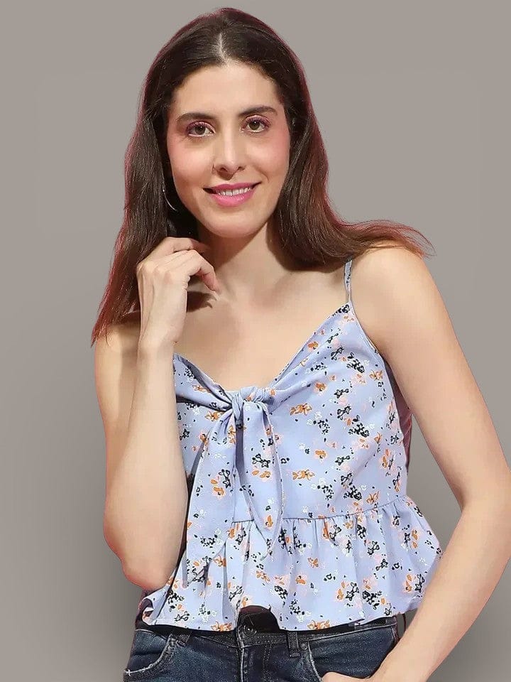 Blue Floral Crop Top - Summer Strappy Tie-Up Front Lightweight Polyester
