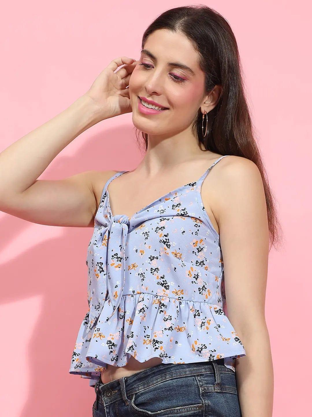 Summer Blue Floral Print V-Neck Tie-Up Strappy Top - oxolloxo