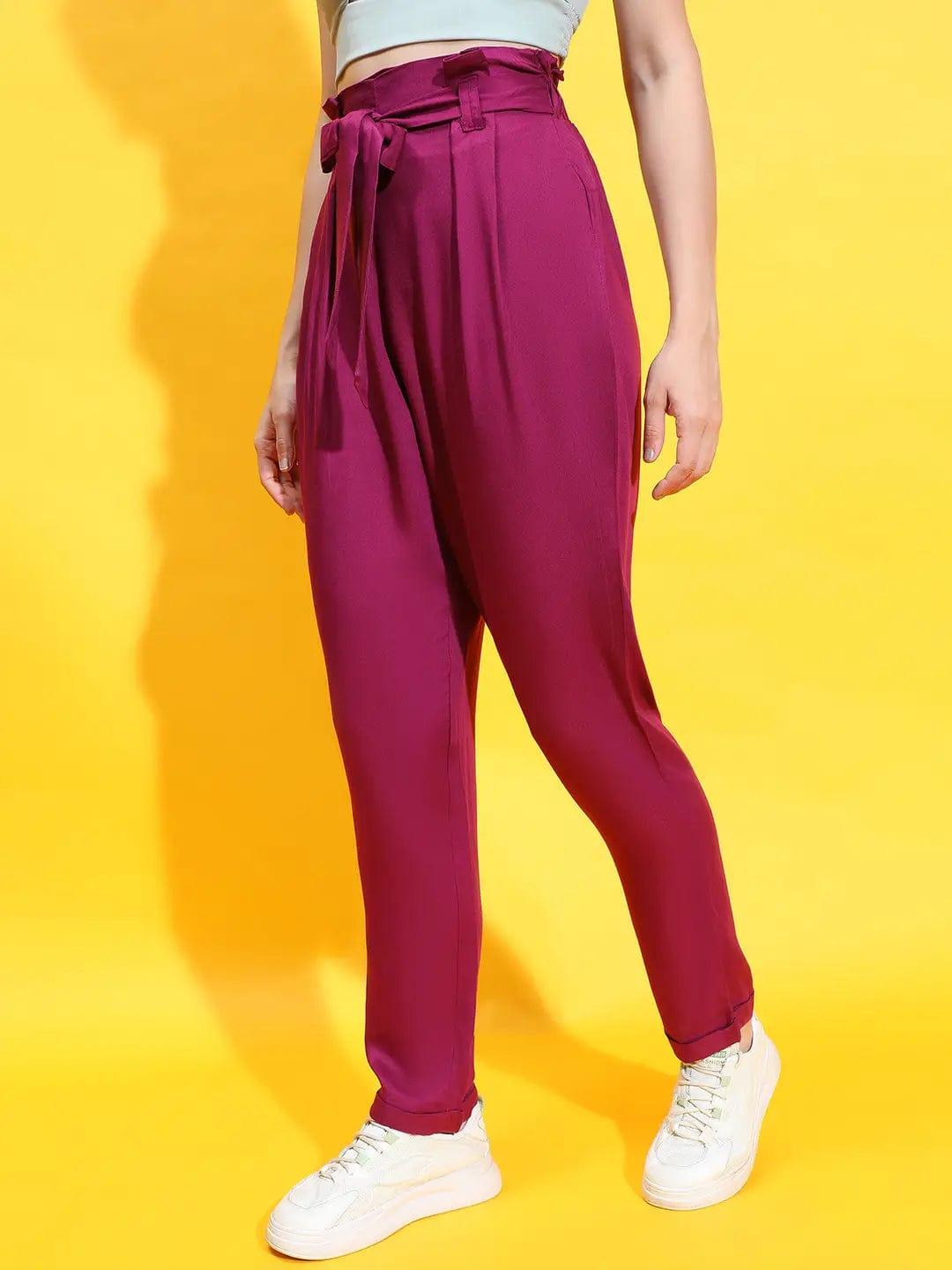 Enigmatic Maroon Elasticated Tie-Knotted Women Trouser