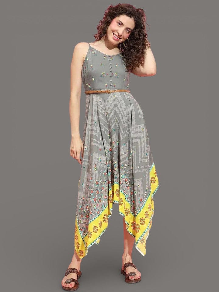 Grey High Low Dress - Printed Viscose Strappy Women's Casual Dress with Belted Waist