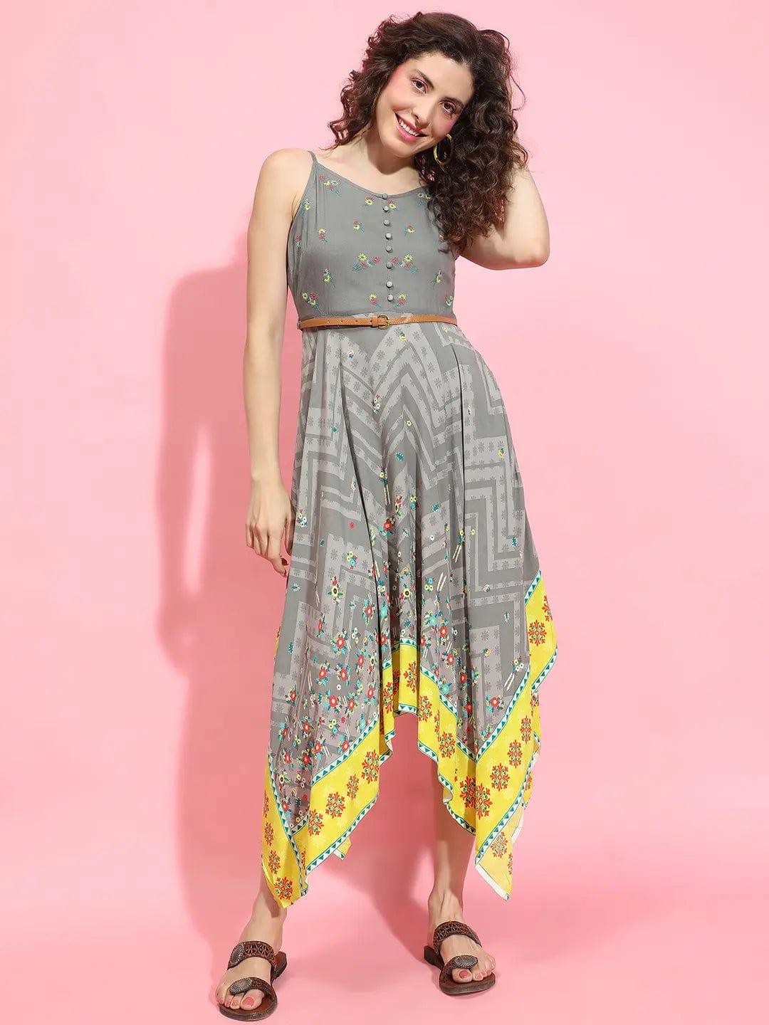 Envisioned Grey Printed High-Low Strappy Women Dress