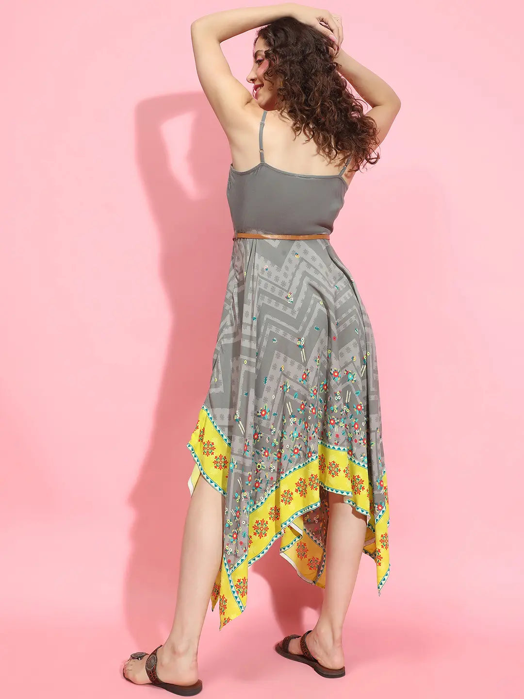 Envisioned Grey Printed High-Low Strappy Dress