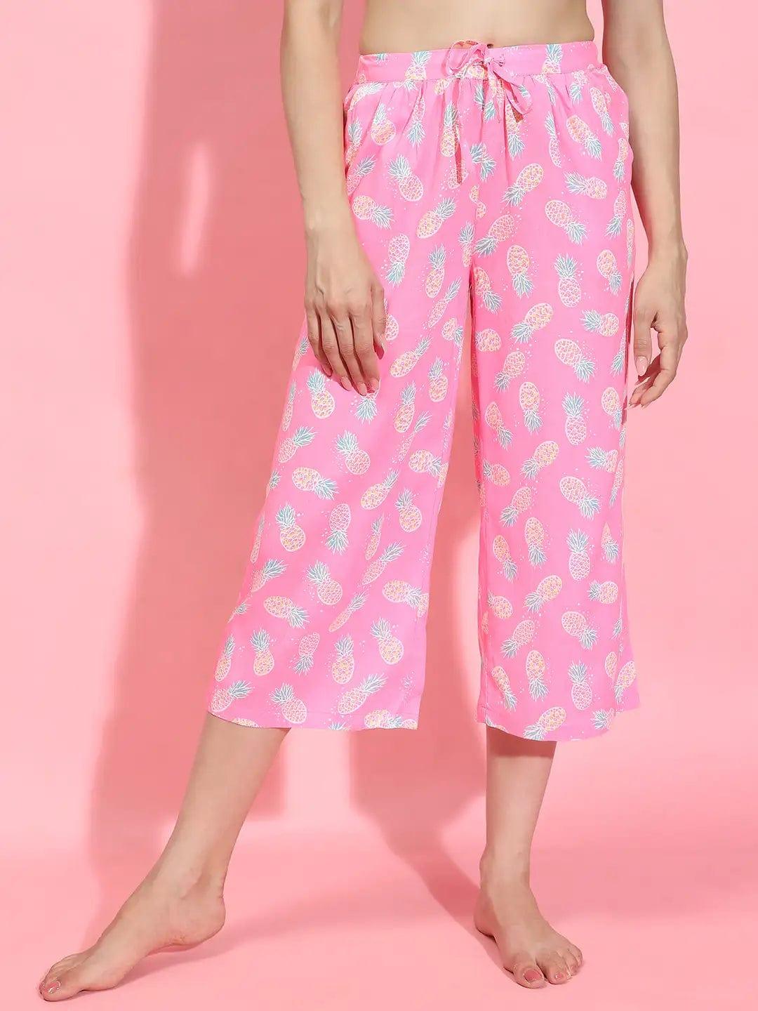 Women’s Pink Printed Elasticated Tie-Knotted Nightwear Restful Pyjamas