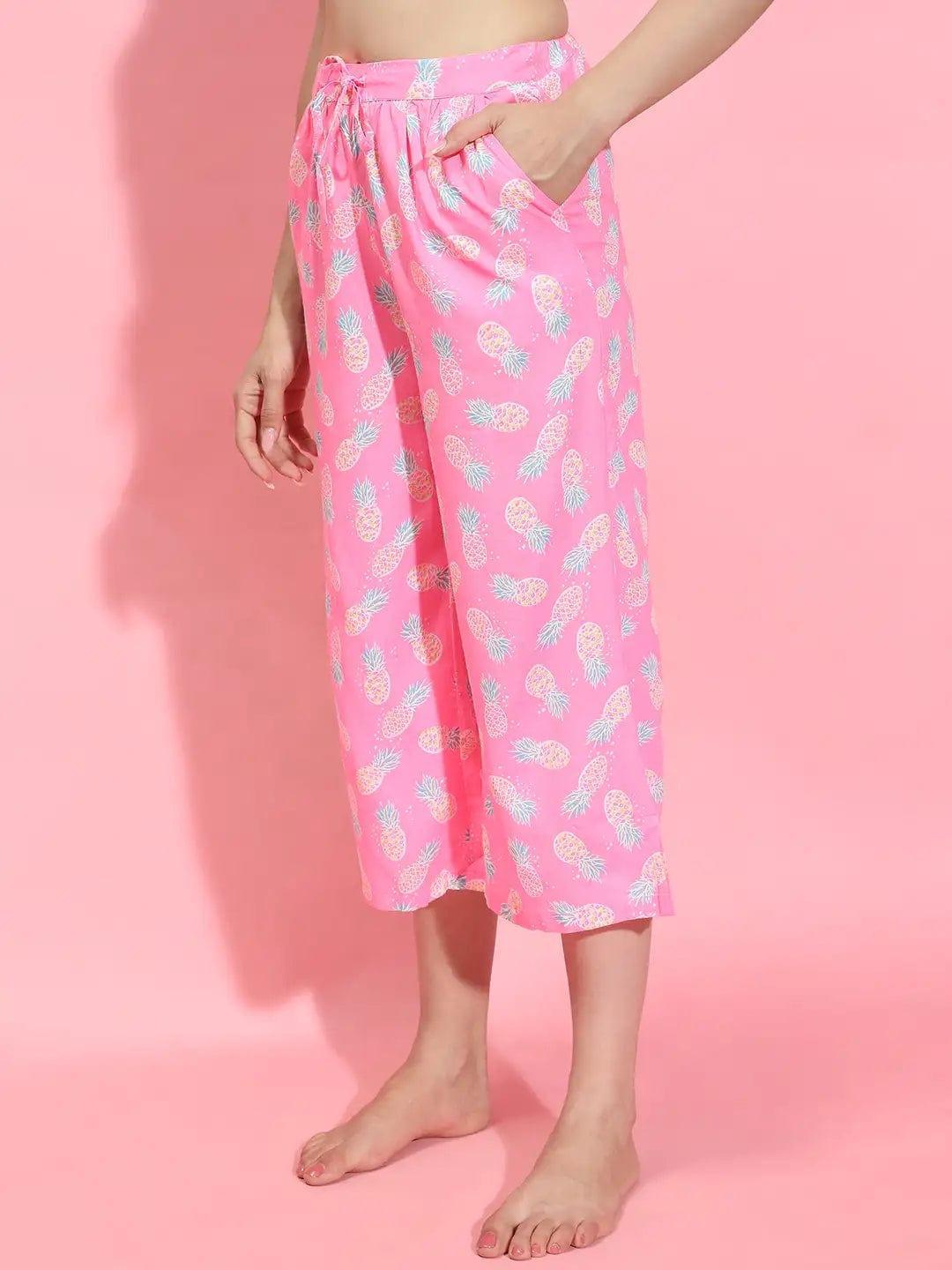 Women’s Pink Printed Elasticated Tie-Knotted Nightwear Restful Pyjamas