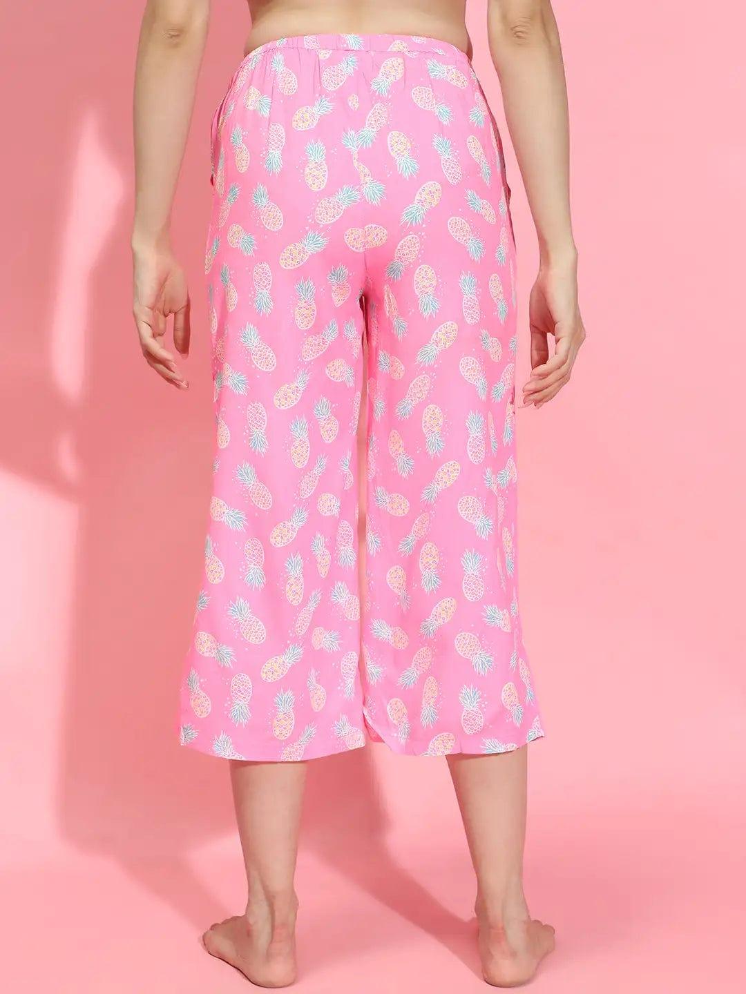 Women’s Pink Printed Elasticated Tie-Knotted Nightwear Restful Pyjamas