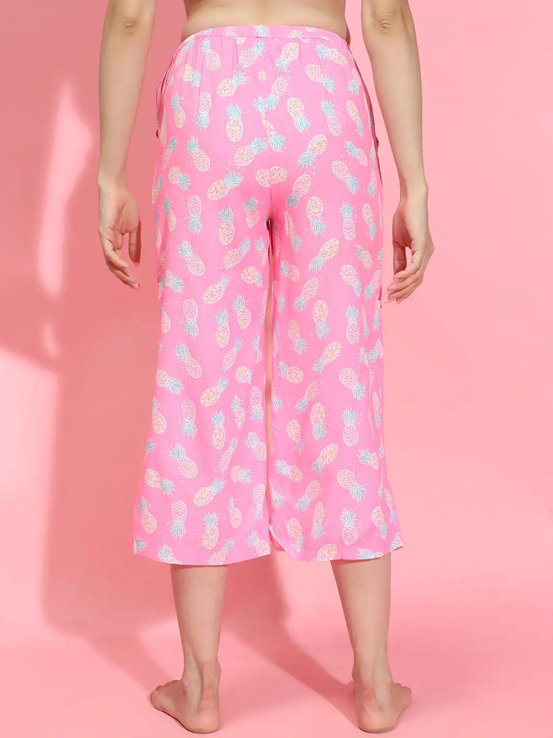 Women’s Pink Printed Elasticated Tie-Knotted Nightwear Pajama