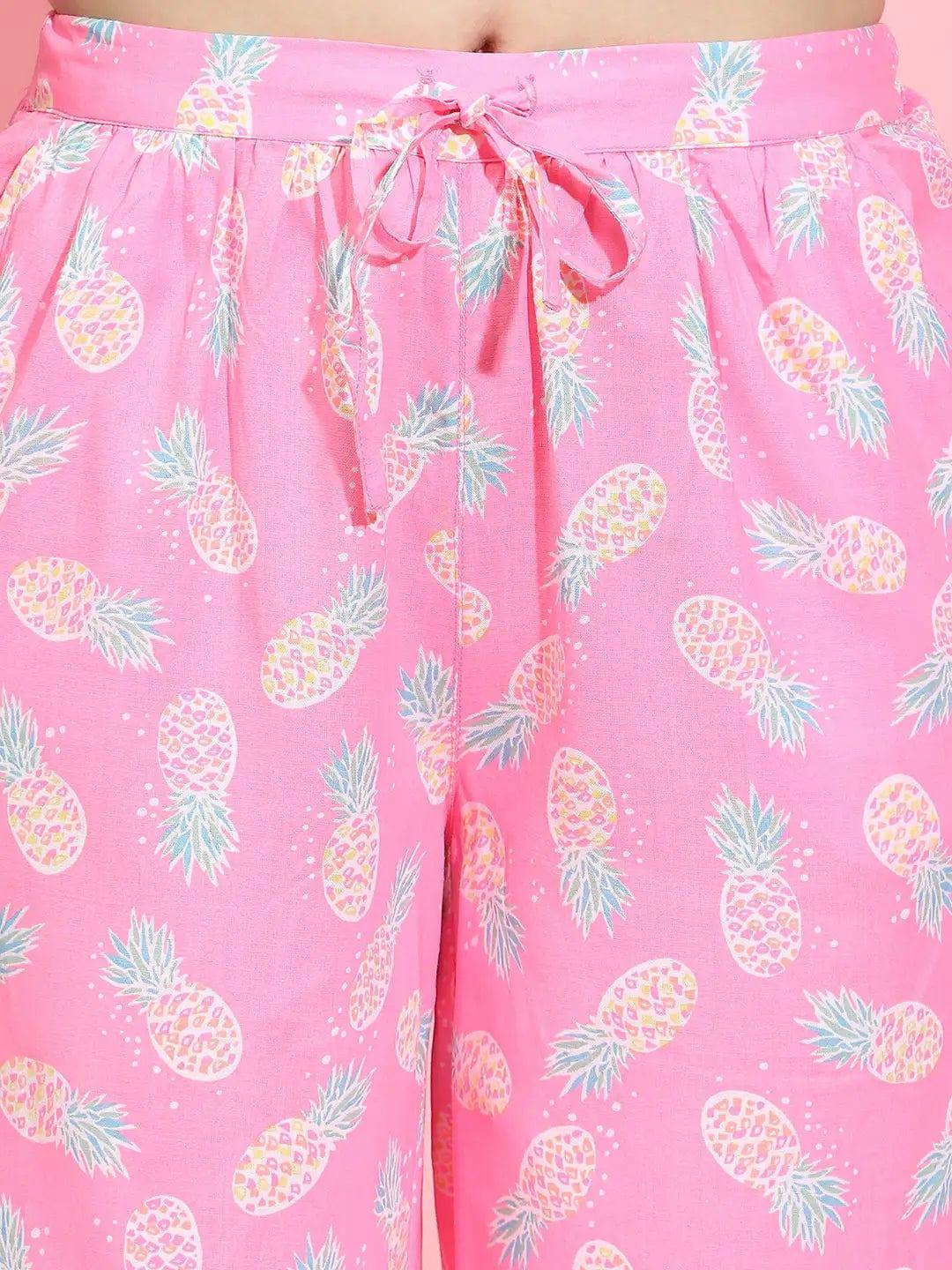 Women’s Pink Printed Elasticated Tie-Knotted Nightwear Restful Pyjamas