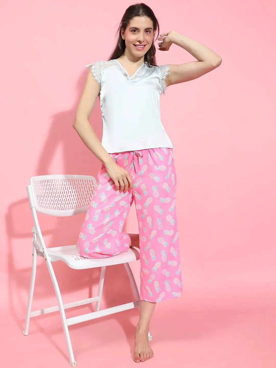 Women’s Pink Printed Elasticated Tie-Knotted Nightwear Restful Pyjamas