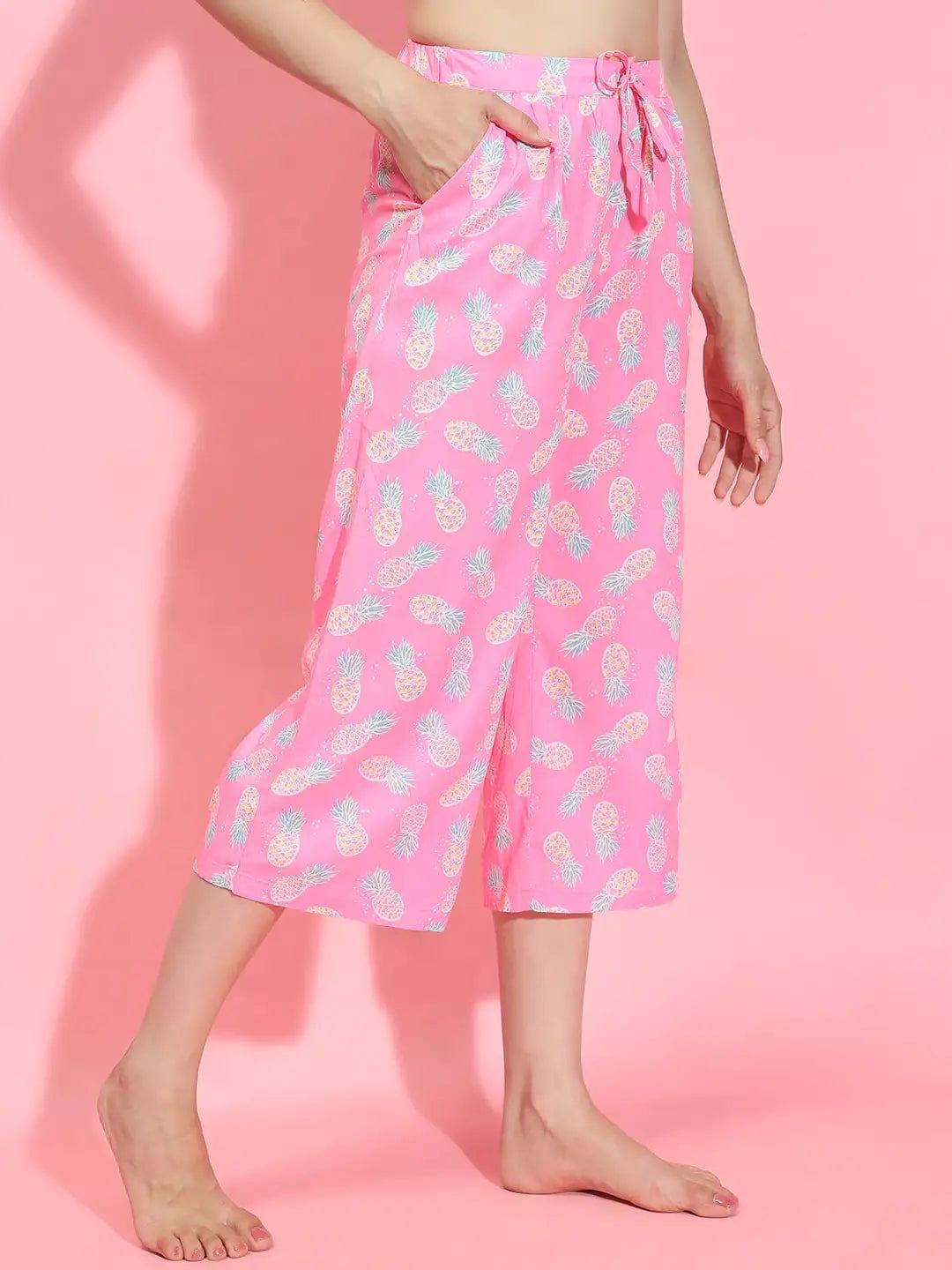 Women’s Pink Printed Elasticated Tie-Knotted Nightwear Restful Pyjamas