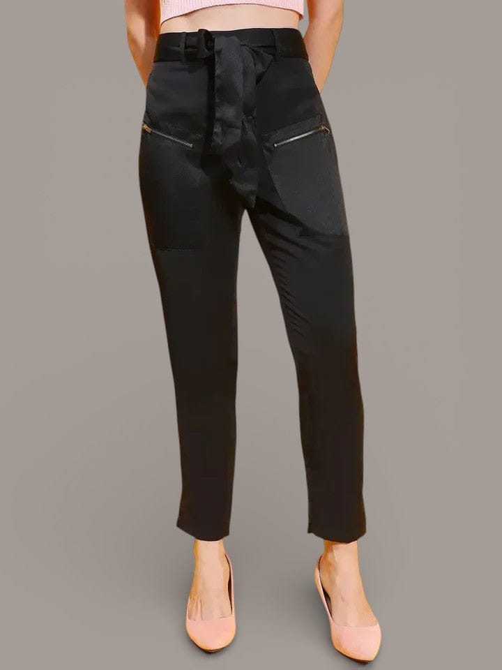 Enchant Black Elasticated Tie-Knotted Women Trouser
