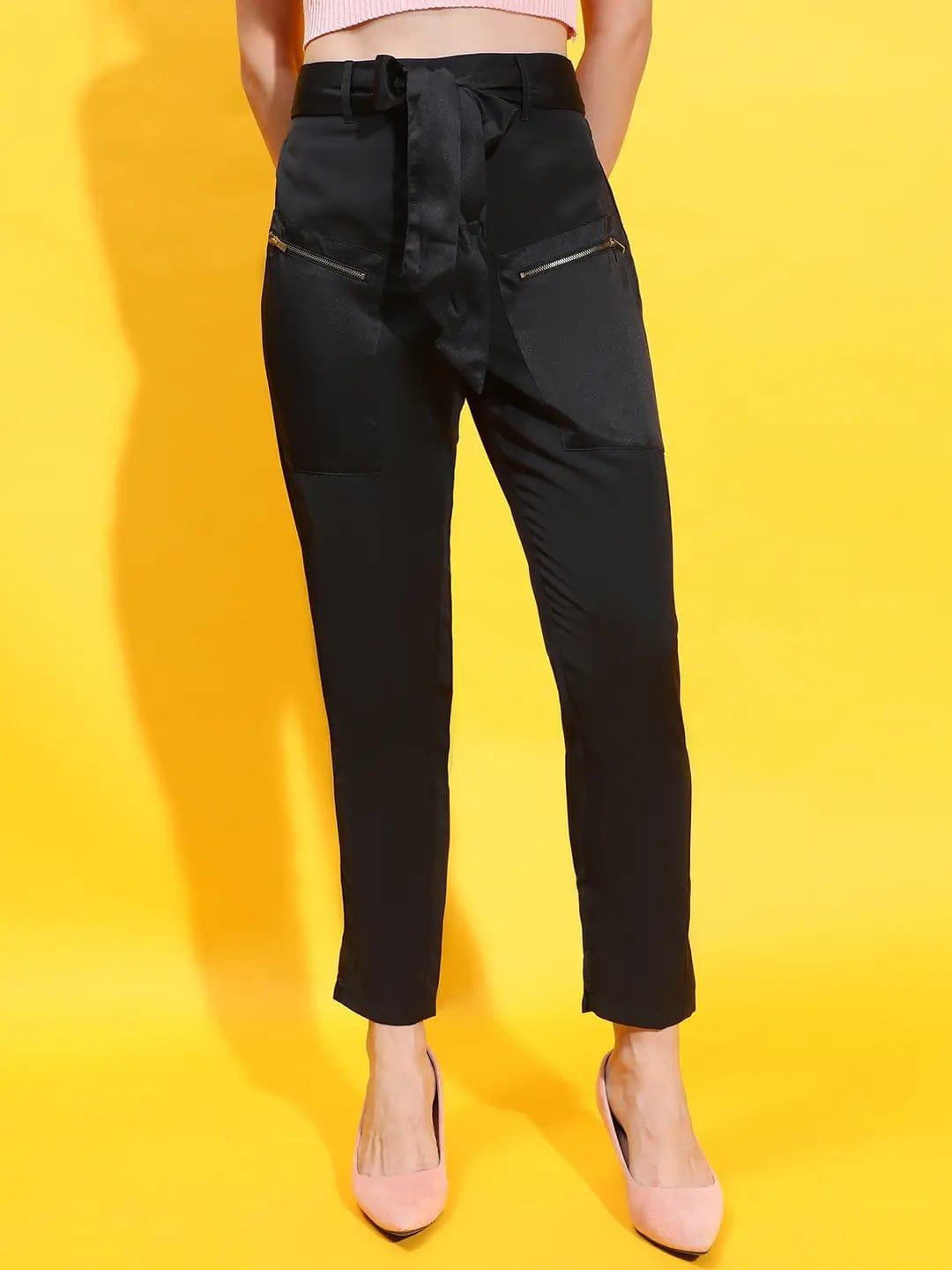 Enchant Black Elasticated Tie-Knotted Women Trouser