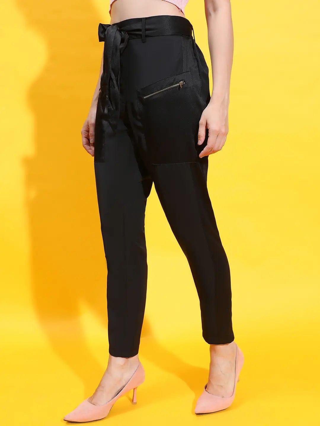 Enchant Black Elasticated Tie-Knotted Women Trouser