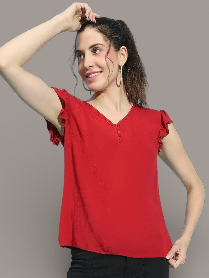 Viscose Crepe Top - Women's Red Casual Crop Top With Ruffle Sleeves