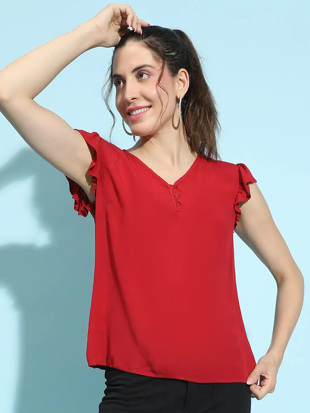 Scarlet Ruffle Chic Short Sleeve Viscose Crepe Top