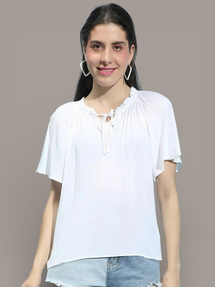 White Tie Knotted Top - Women's Round Neck Viscose Crop Blouse, Casual Office Wear
