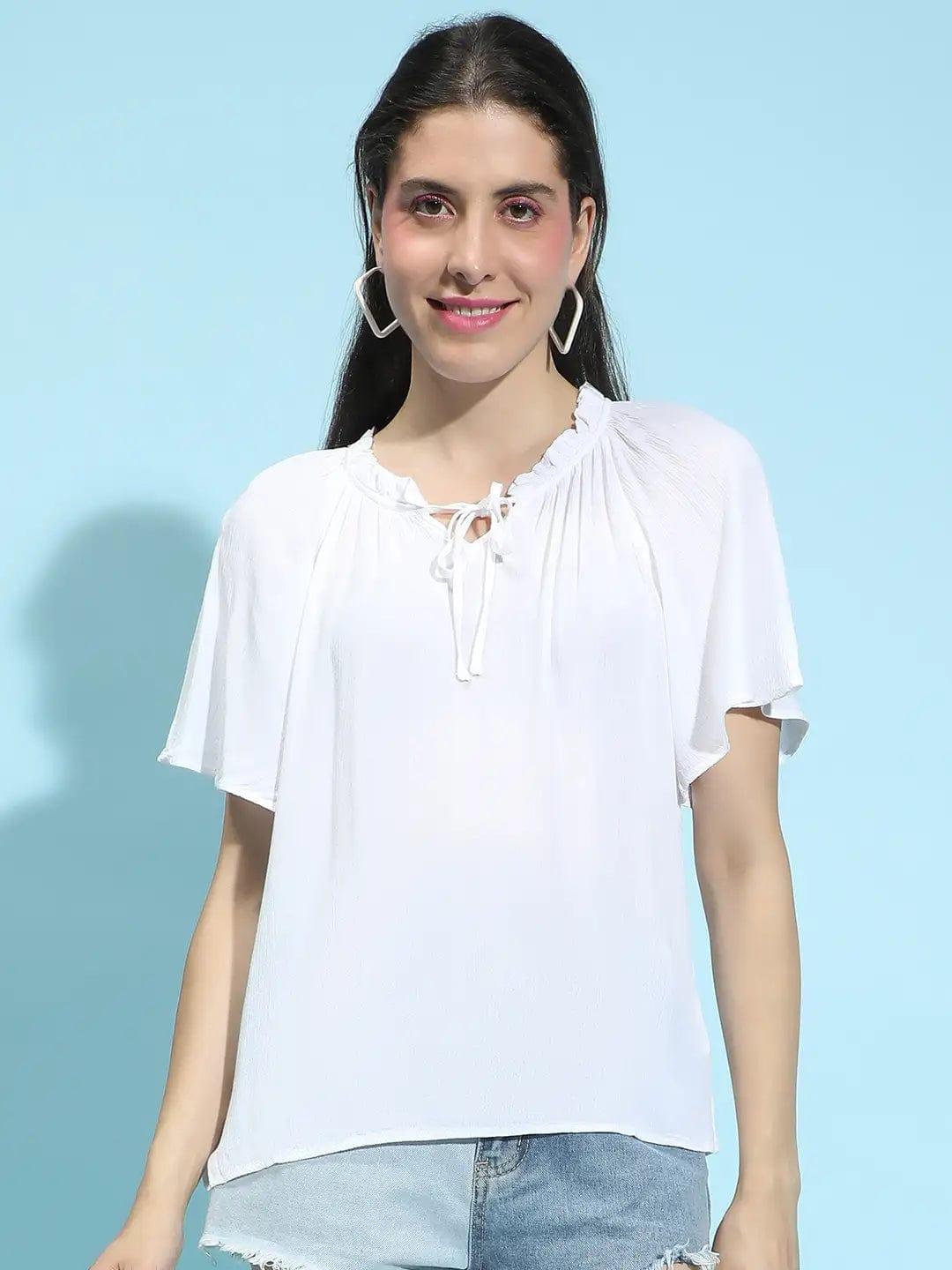 Whisper White Round Neck Tie-Knotted Women’s Top