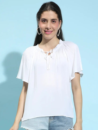 Whisper White Round Neck Tie-Knotted Women’s Top