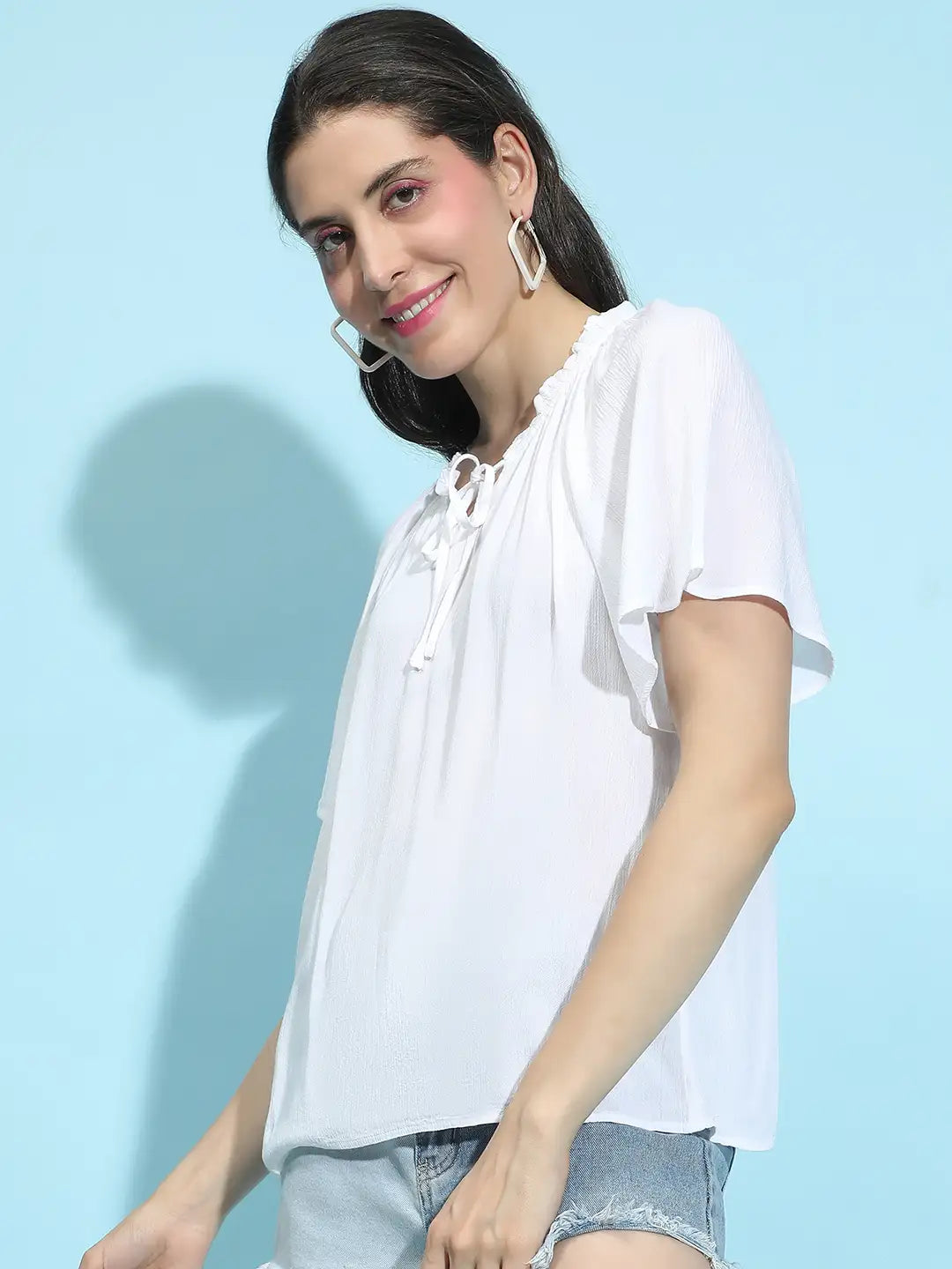 Whisper White Round Neck Tie-Knotted Women’s Top