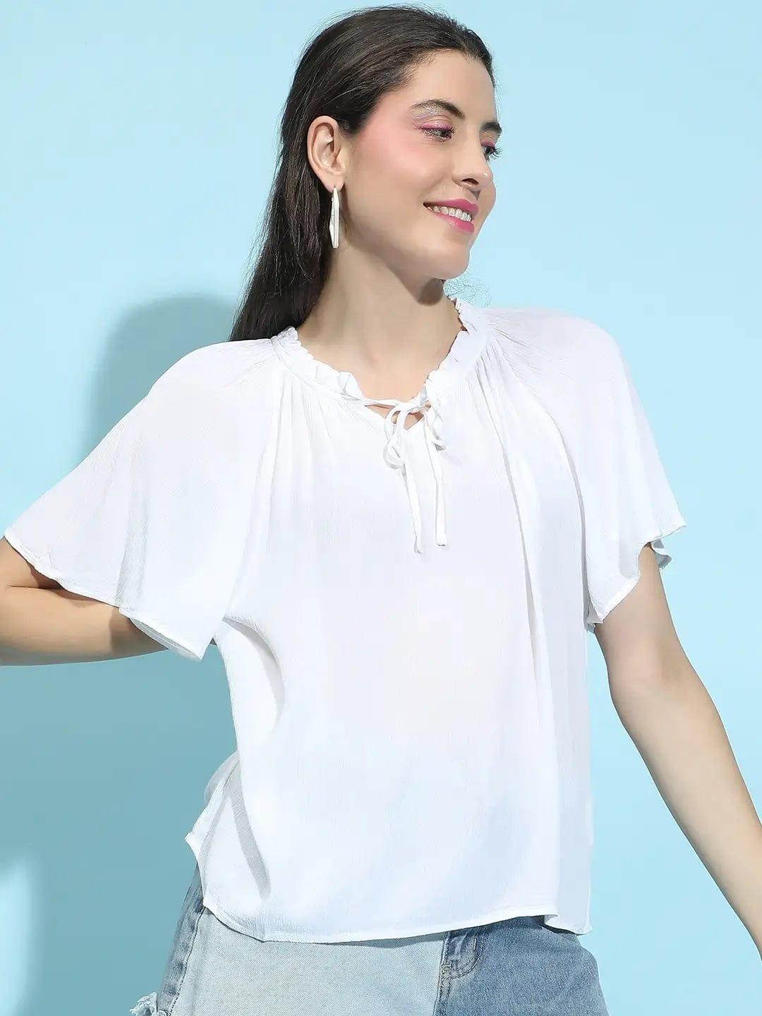 Whisper White Round Neck Tie-Knotted Women’s Top