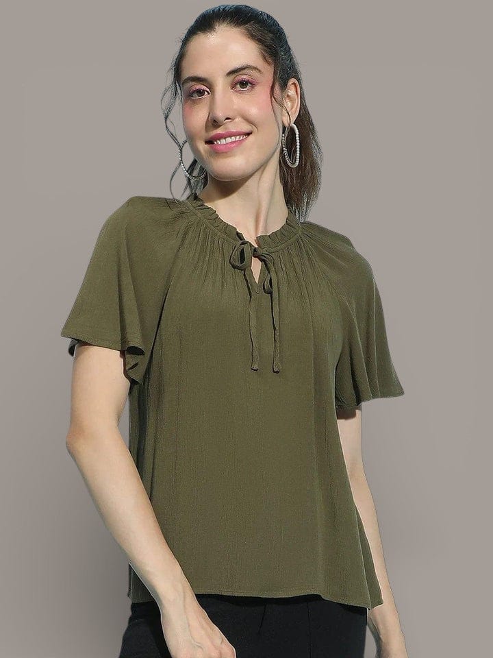 Khaki Tie Knot Top - Women's Casual Viscose Fabric Crop Top With Round Neck