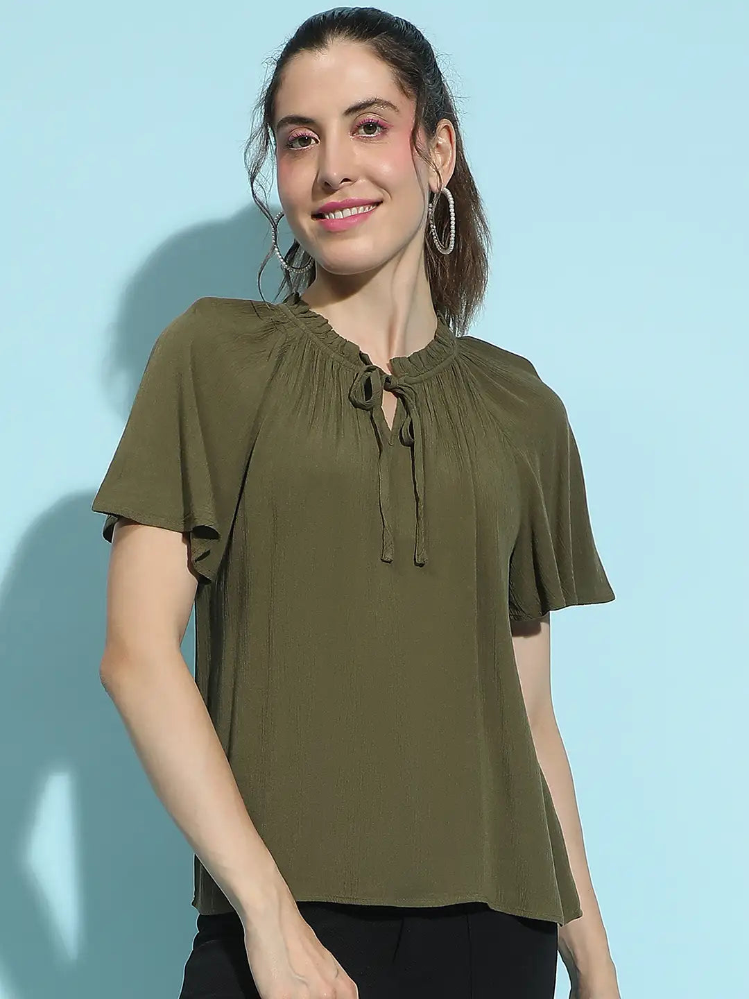 Solid Khaki Round Neck Tie-Knotted Women’s Casual Top