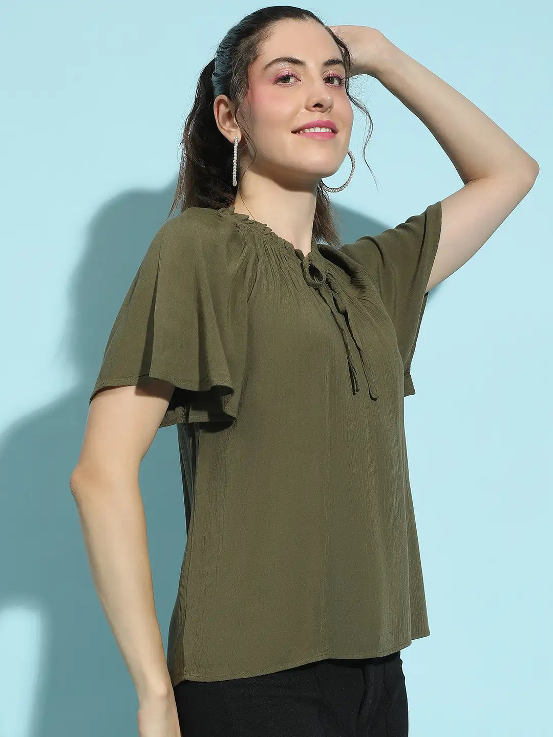 Solid Khaki Round Neck Tie-Knotted Women’s Casual Top