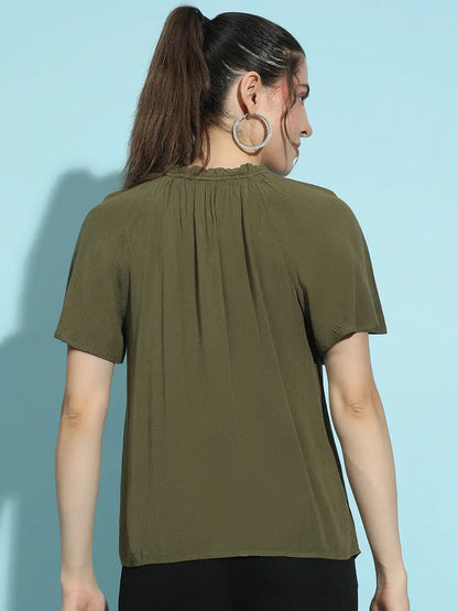 Solid Khaki Round Neck Tie-Knotted Women’s Casual Top