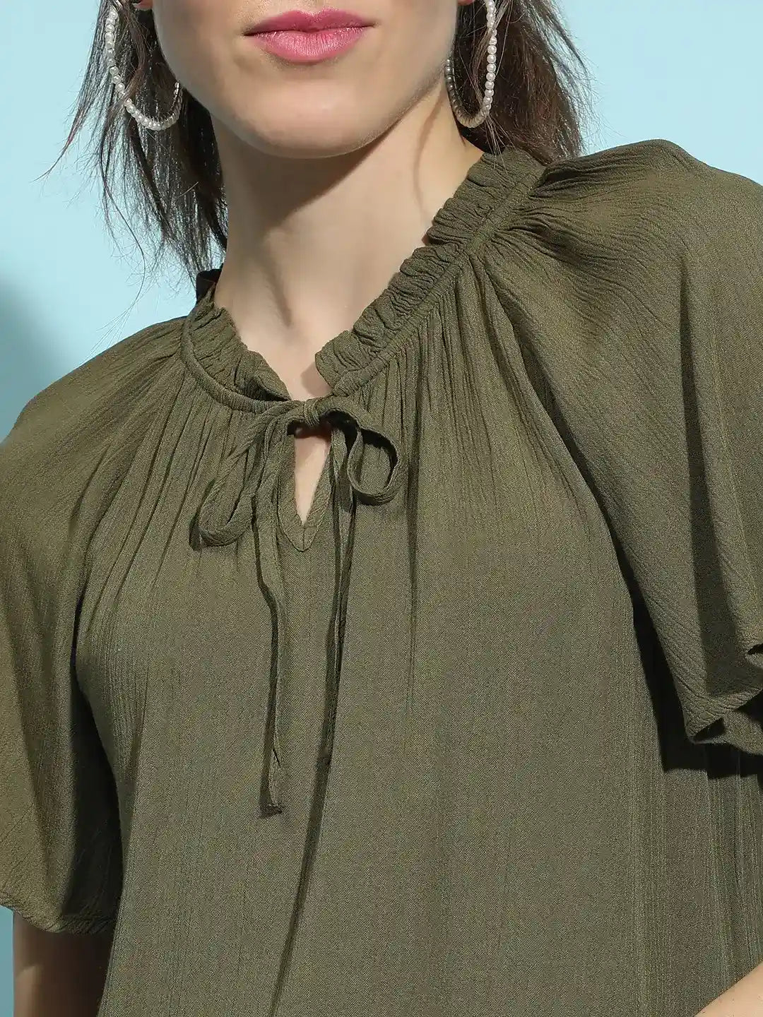 Solid Khaki Round Neck Tie-Knotted Women’s Casual Top