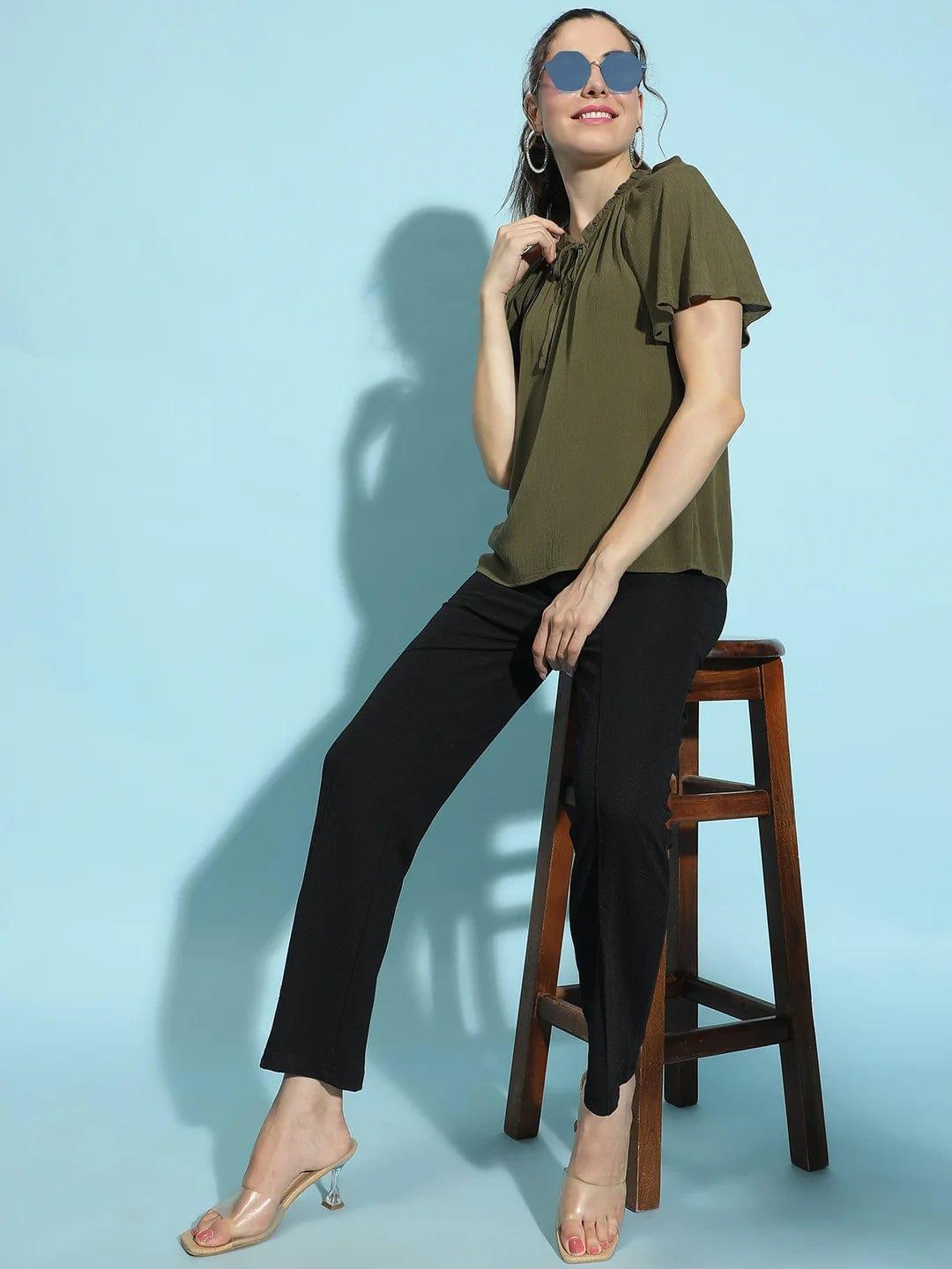 Solid Khaki Round Neck Tie-Knotted Women’s Casual Top