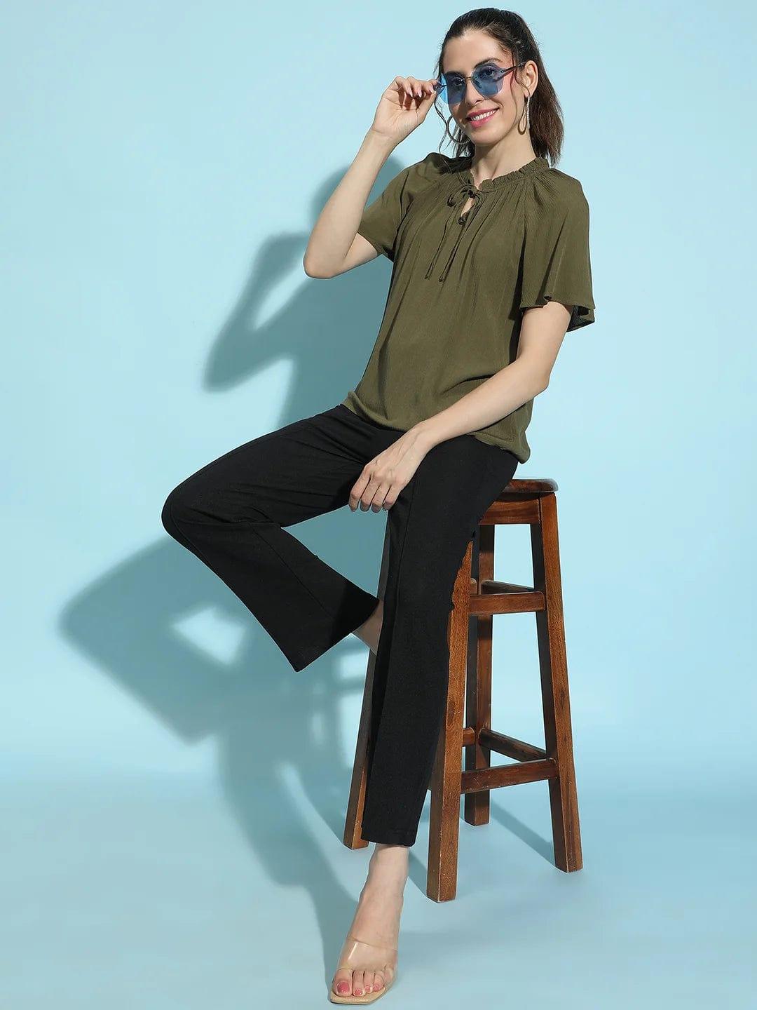 Solid Khaki Round Neck Tie-Knotted Women’s Casual Top