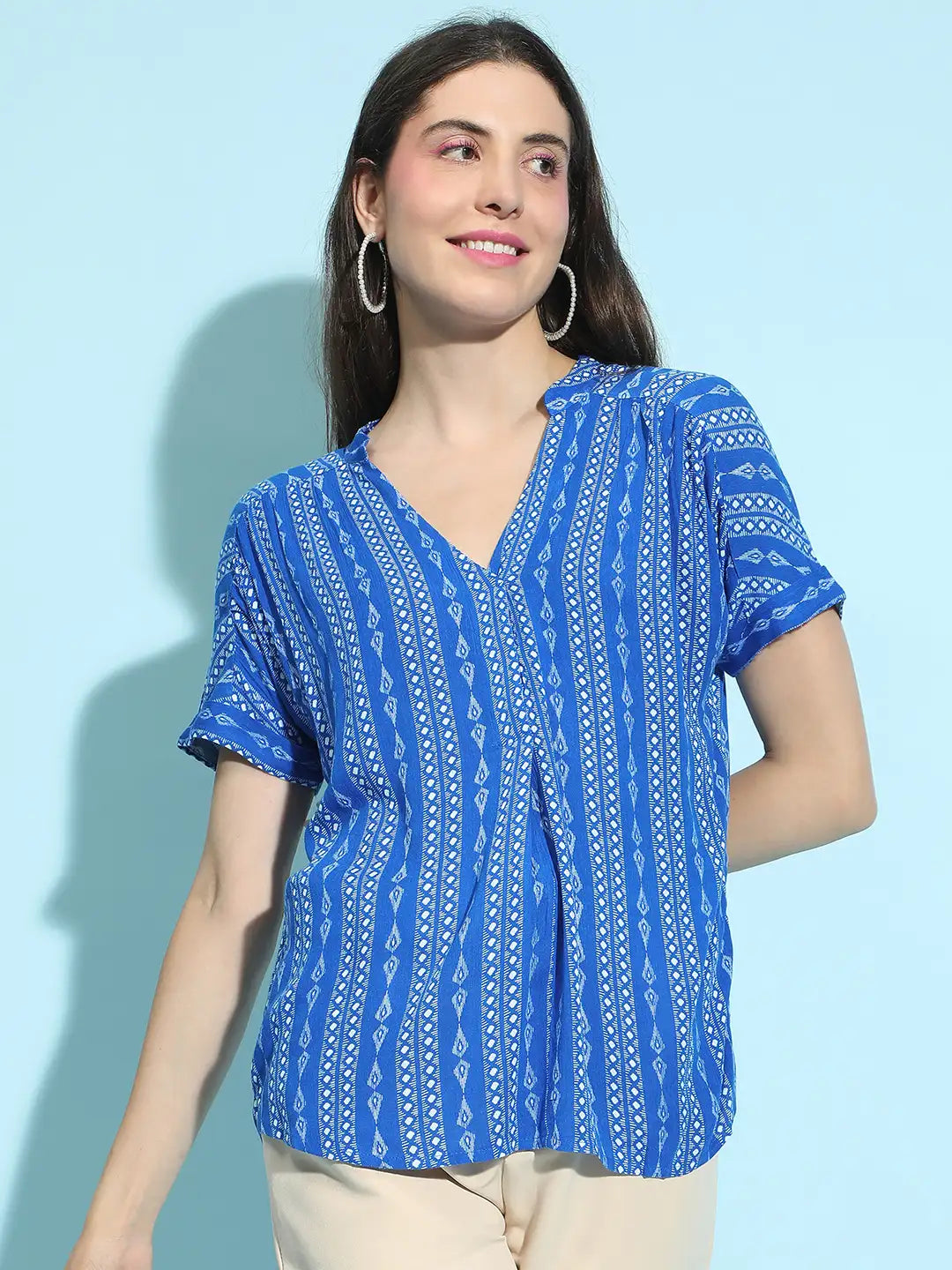 Skyward Blue Printed Casual Top for Women