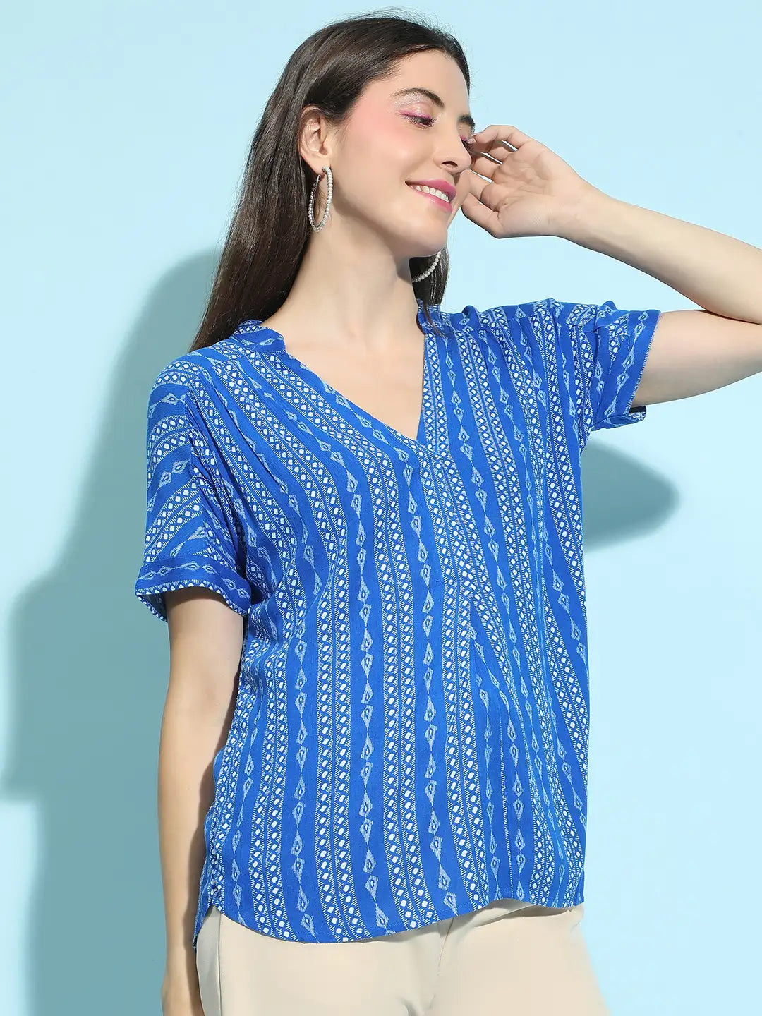 Skyward Blue Printed Casual Top for Women