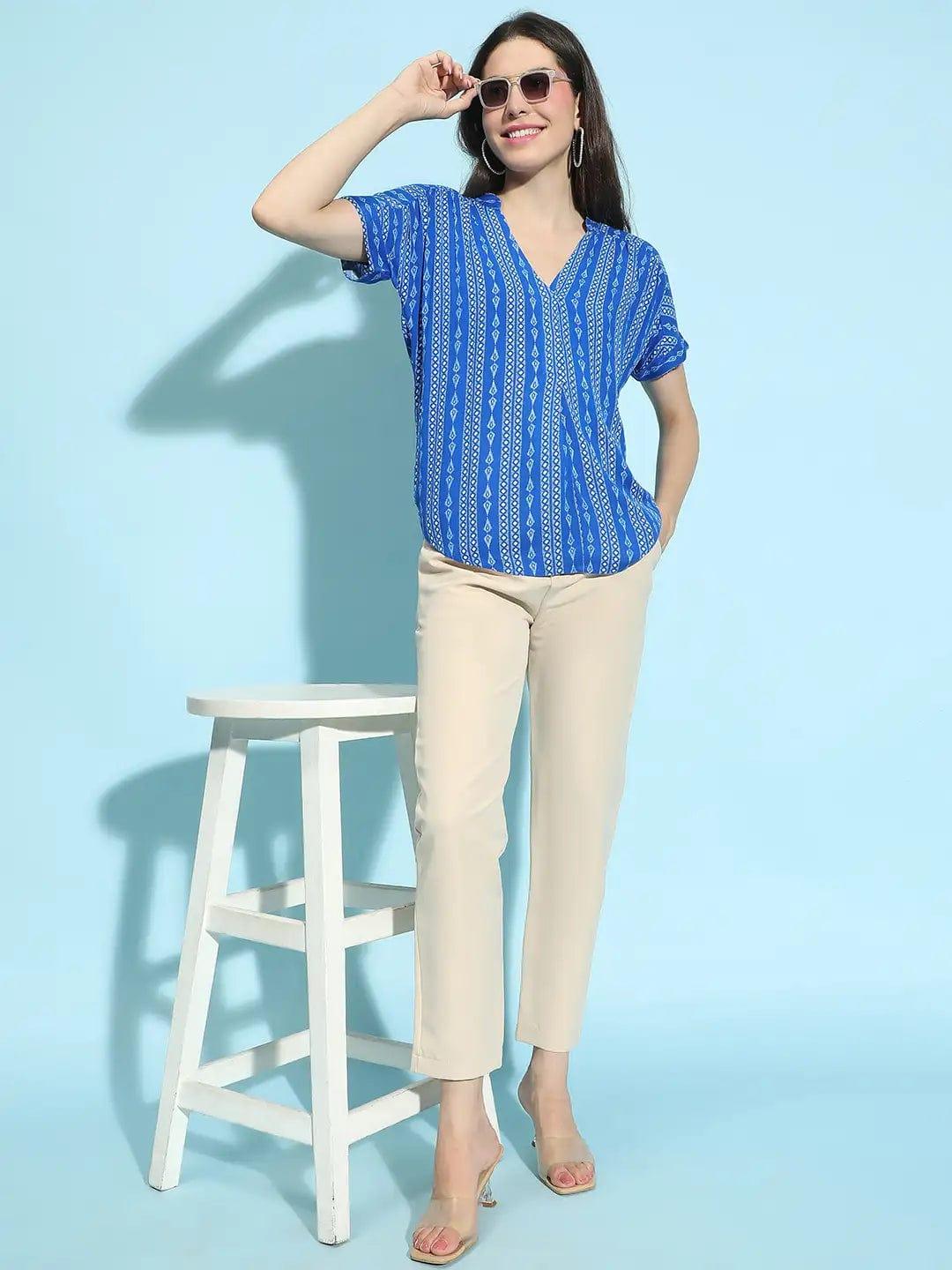 Skyward Blue Printed Casual Top for Women