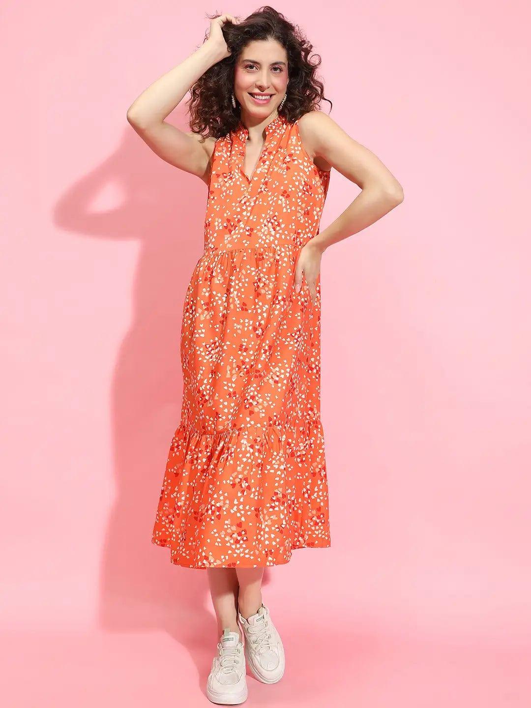 Zesty Orange Floral Print Flare Women Flounce Women Dress